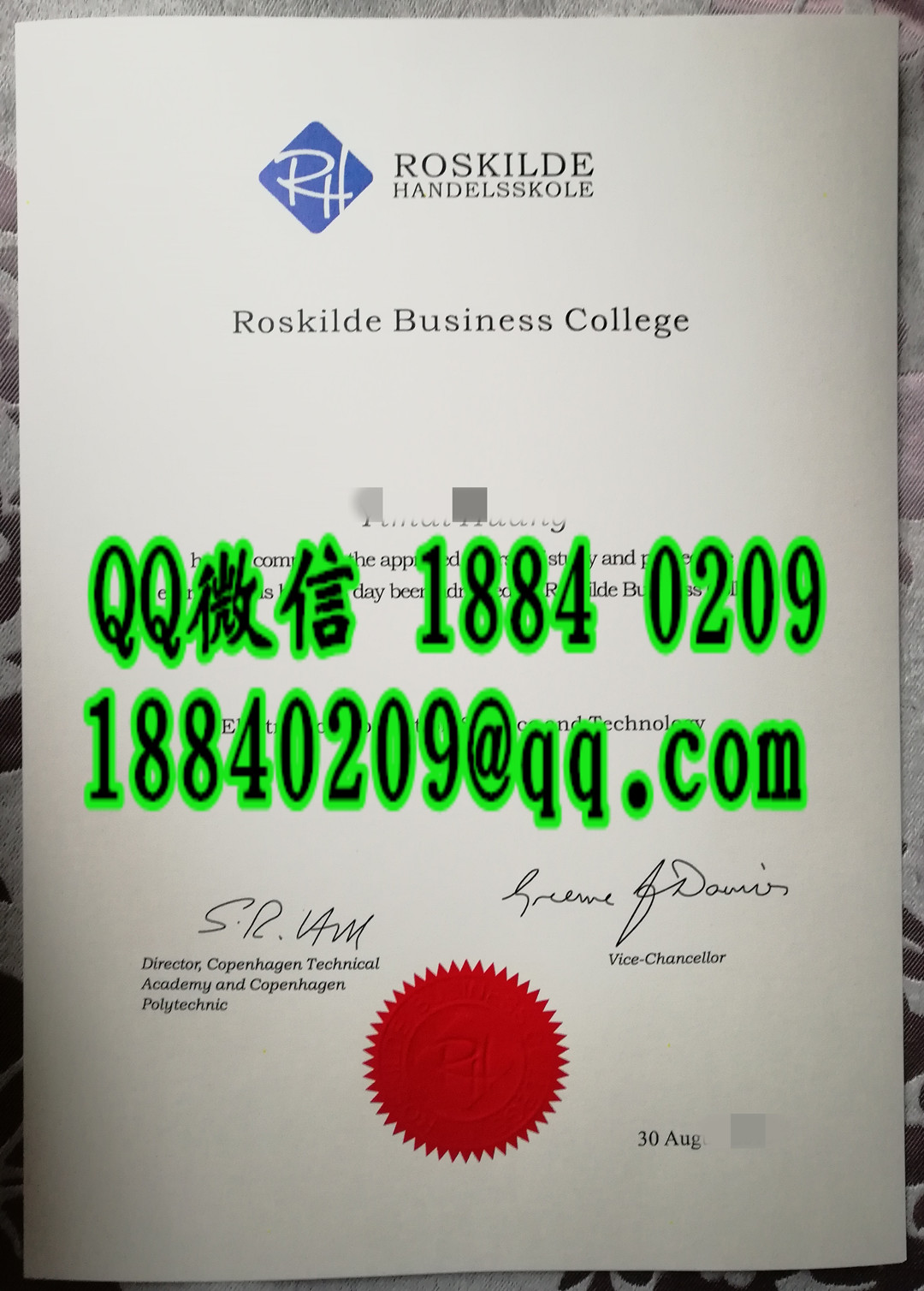 丹麦罗斯基勒商学院毕业证实拍图片_Roskilde Business College diploma certificate