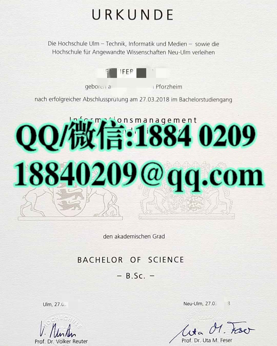 乌尔姆应用技术大学毕业证学位证范例，国外大学毕业证图片