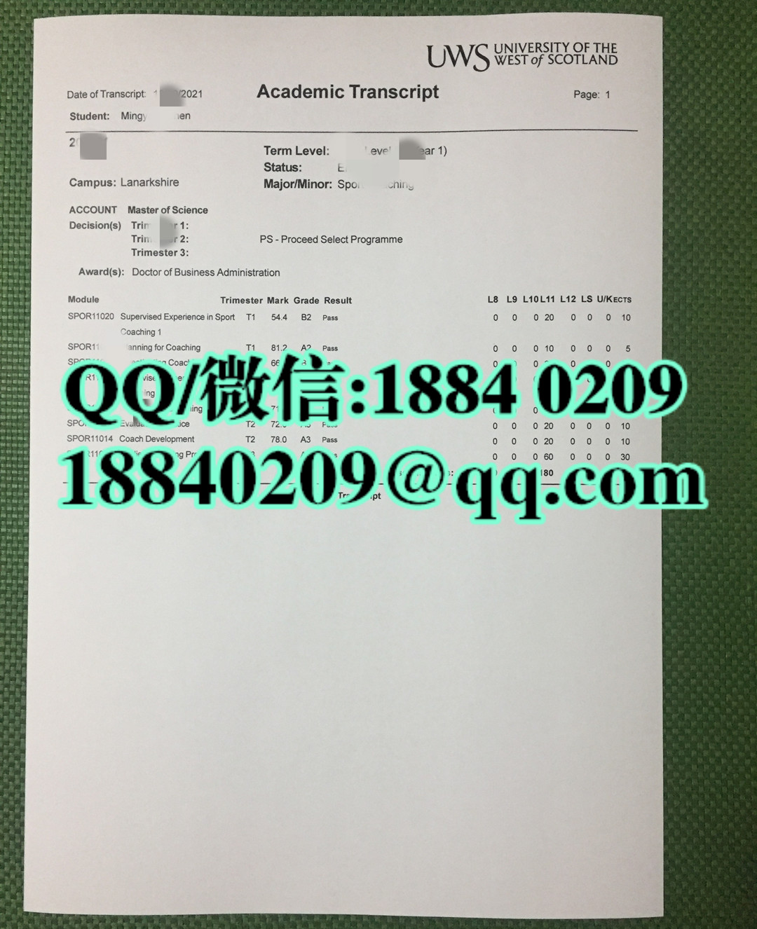 英国西苏格兰大学成绩单样本，University of the West of Scotland transcript
