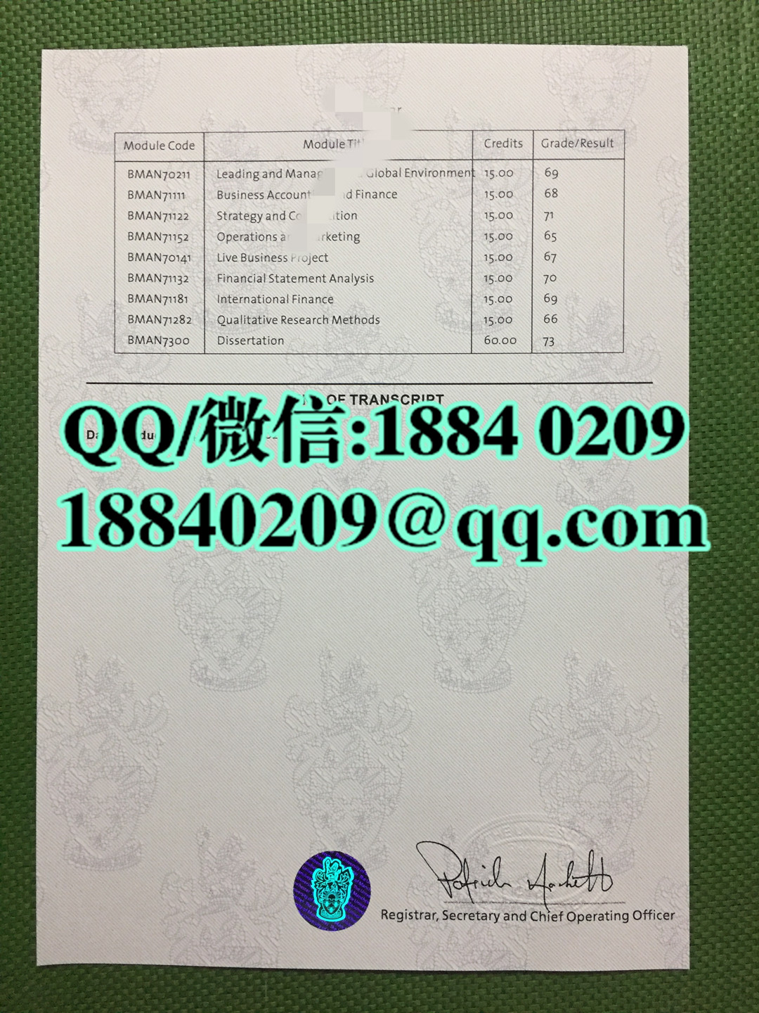 英国曼彻斯特大学成绩单图片，The University of Manchester transcript