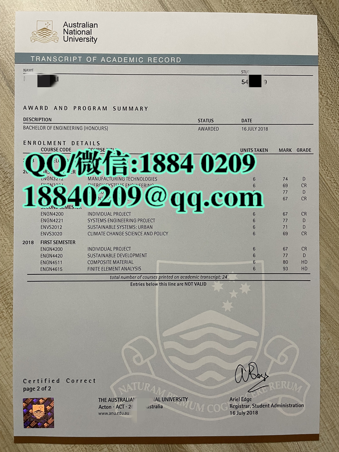 2018年澳洲国立大学成绩单，Australian National University transcript