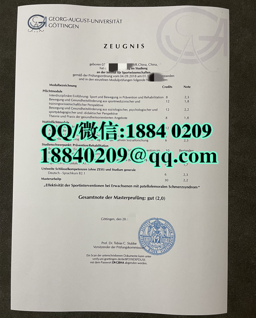 德国哥廷根大学成绩单案例，University of Göttingen transcript