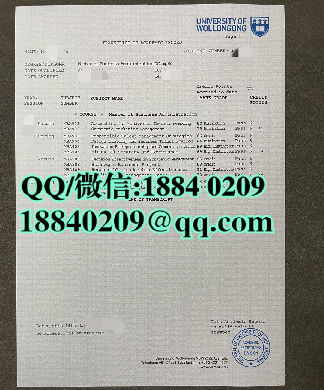 澳洲卧龙岗大学硕士，伍伦贡大学本科成绩单University of Wollongong transcript
