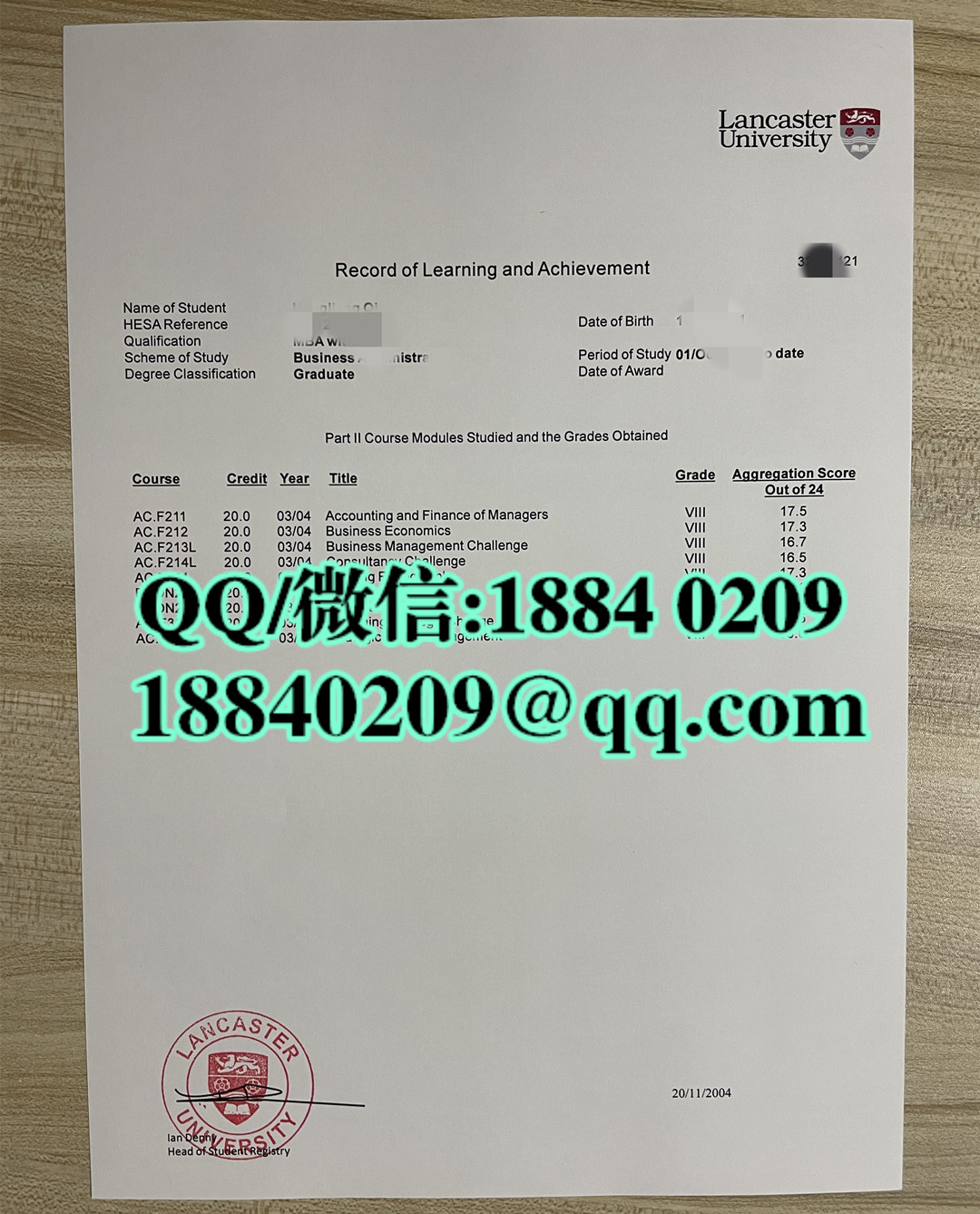 2007年英国兰卡斯特大学lancaster university成绩单，lancaster university transcript