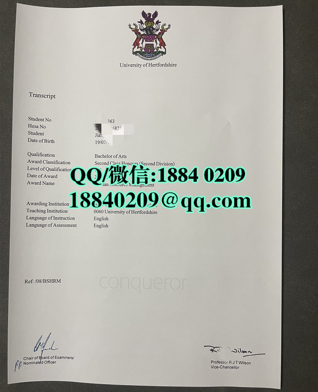 2008年英国赫特福德大学成绩单，University of Hertfordshire transcript