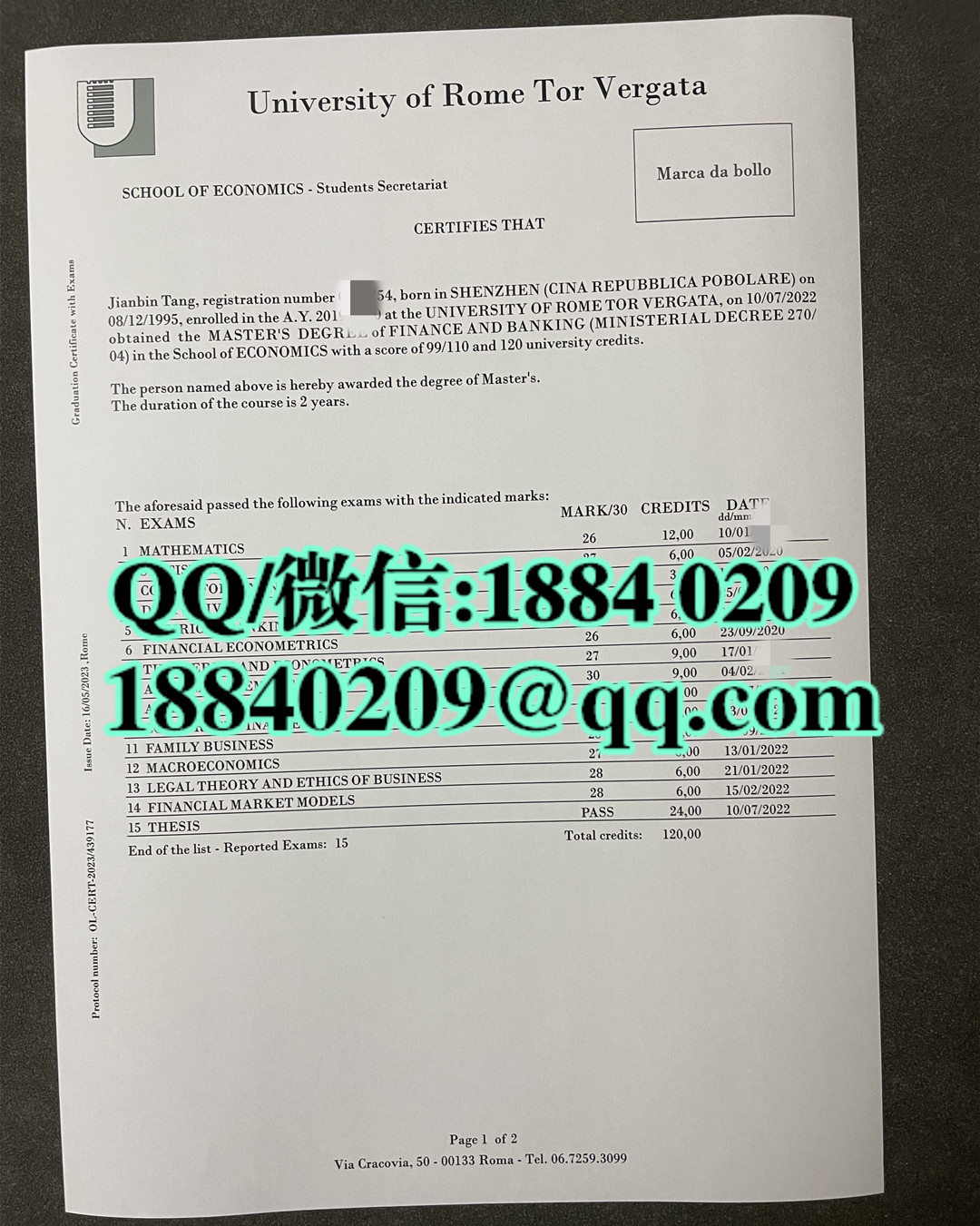 罗马第二大学院成绩单，university of rome tor vergata transcript