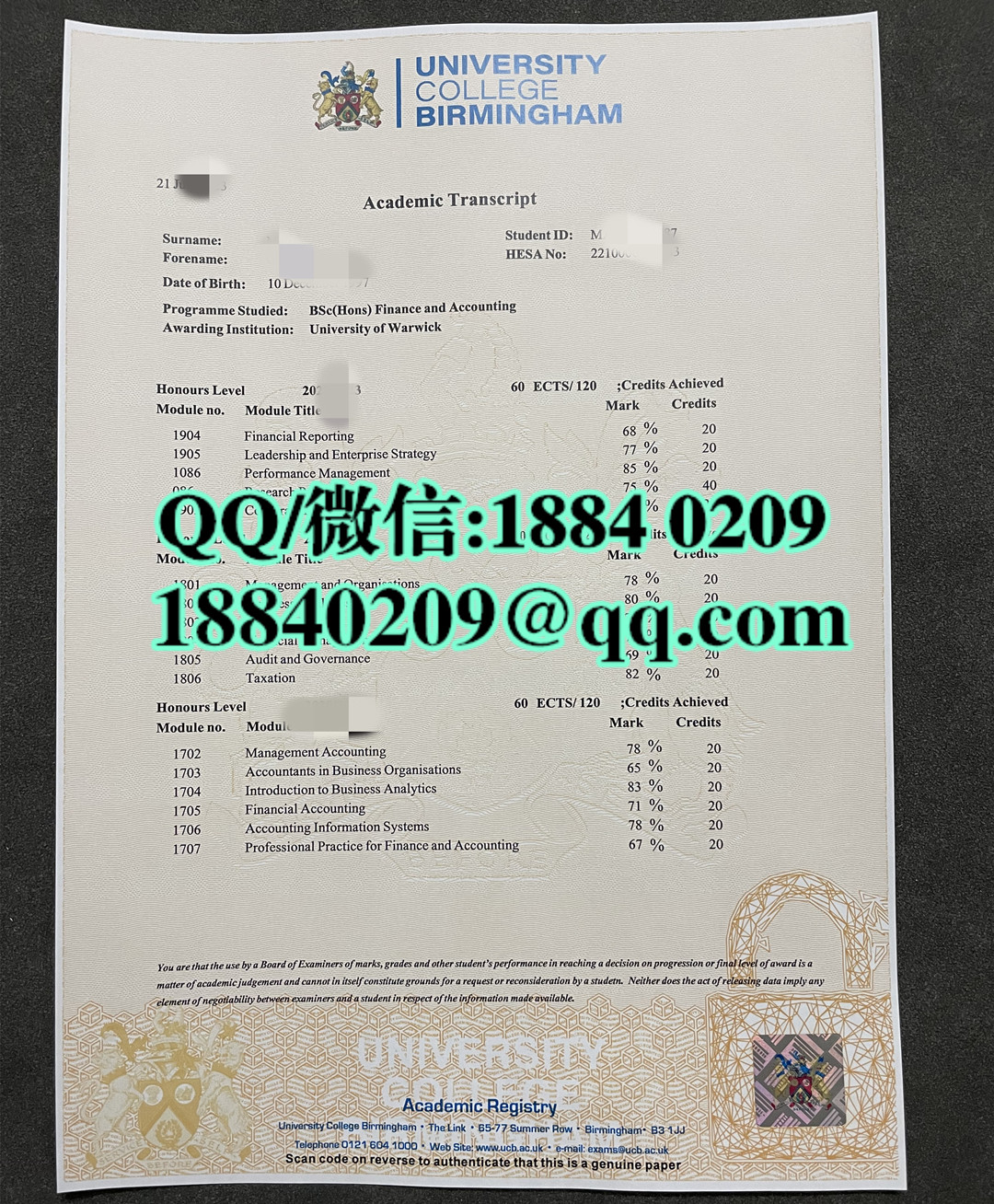 英国伯明翰大学学院成绩单，university college birmingham transcript