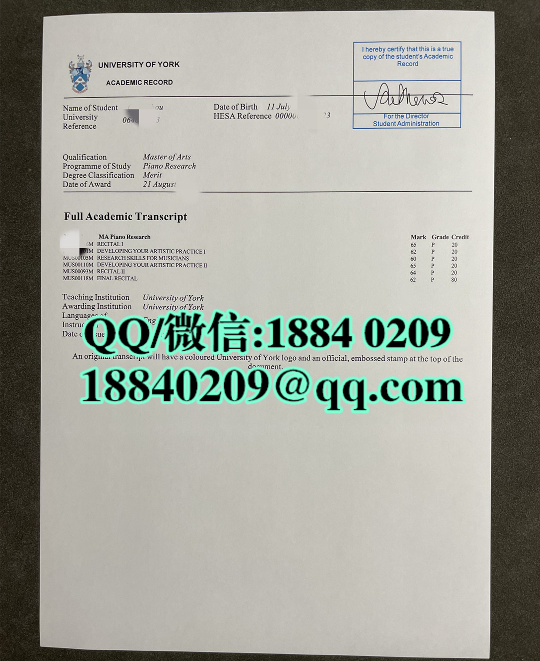 英国约克大学成绩单，University of York transcript