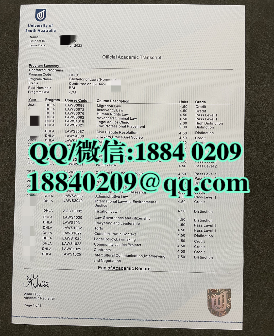 南澳大学法学学士学位成绩单，University of South Australia Bachelor of Laws transcript