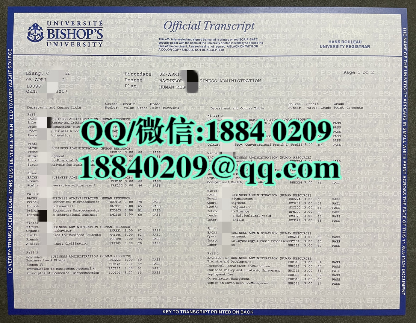 加拿大毕索大学成绩单，Bishop's University transcript