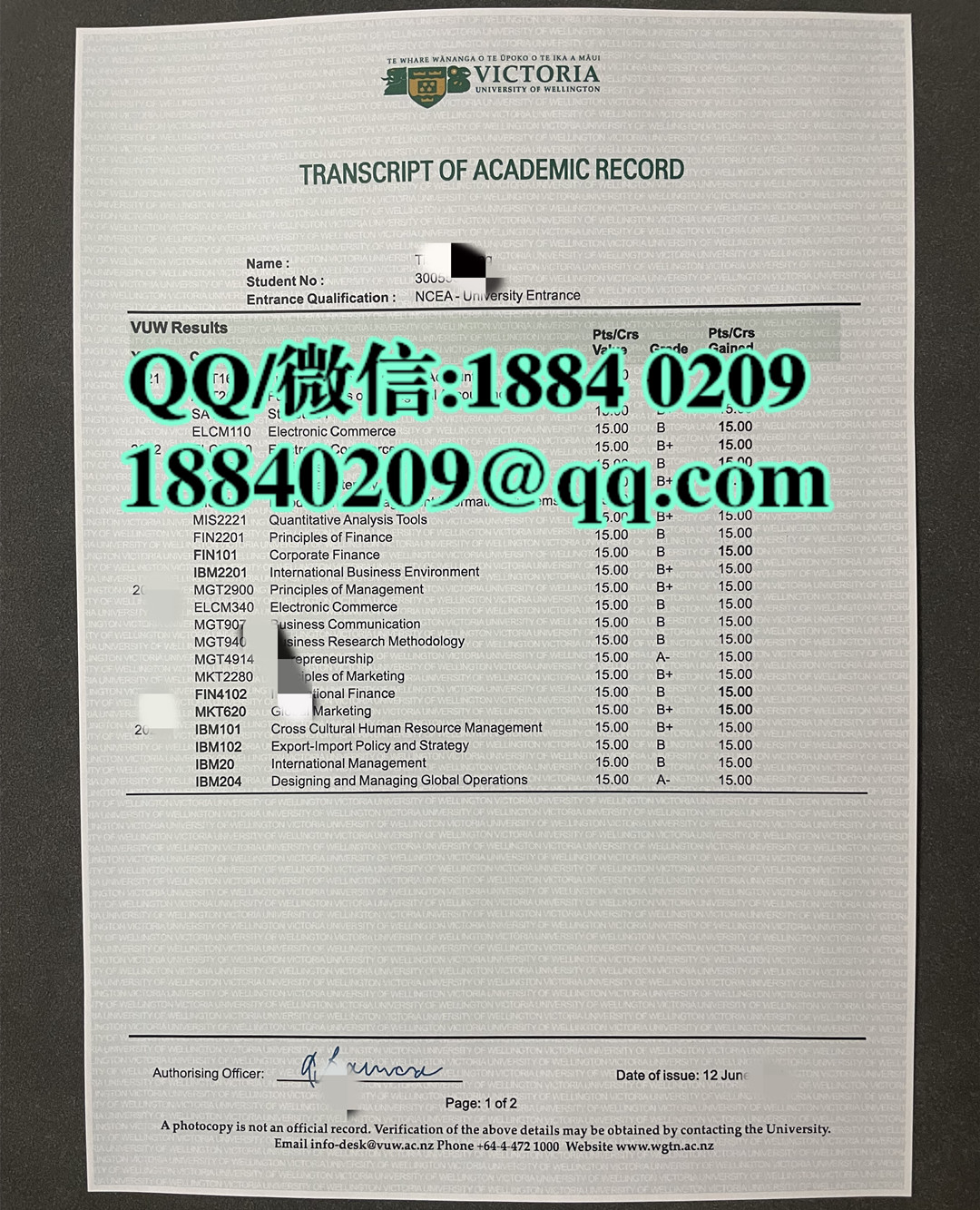新西兰惠灵顿维多利亚大学成绩单定制，Victoria University of Wellington transcript