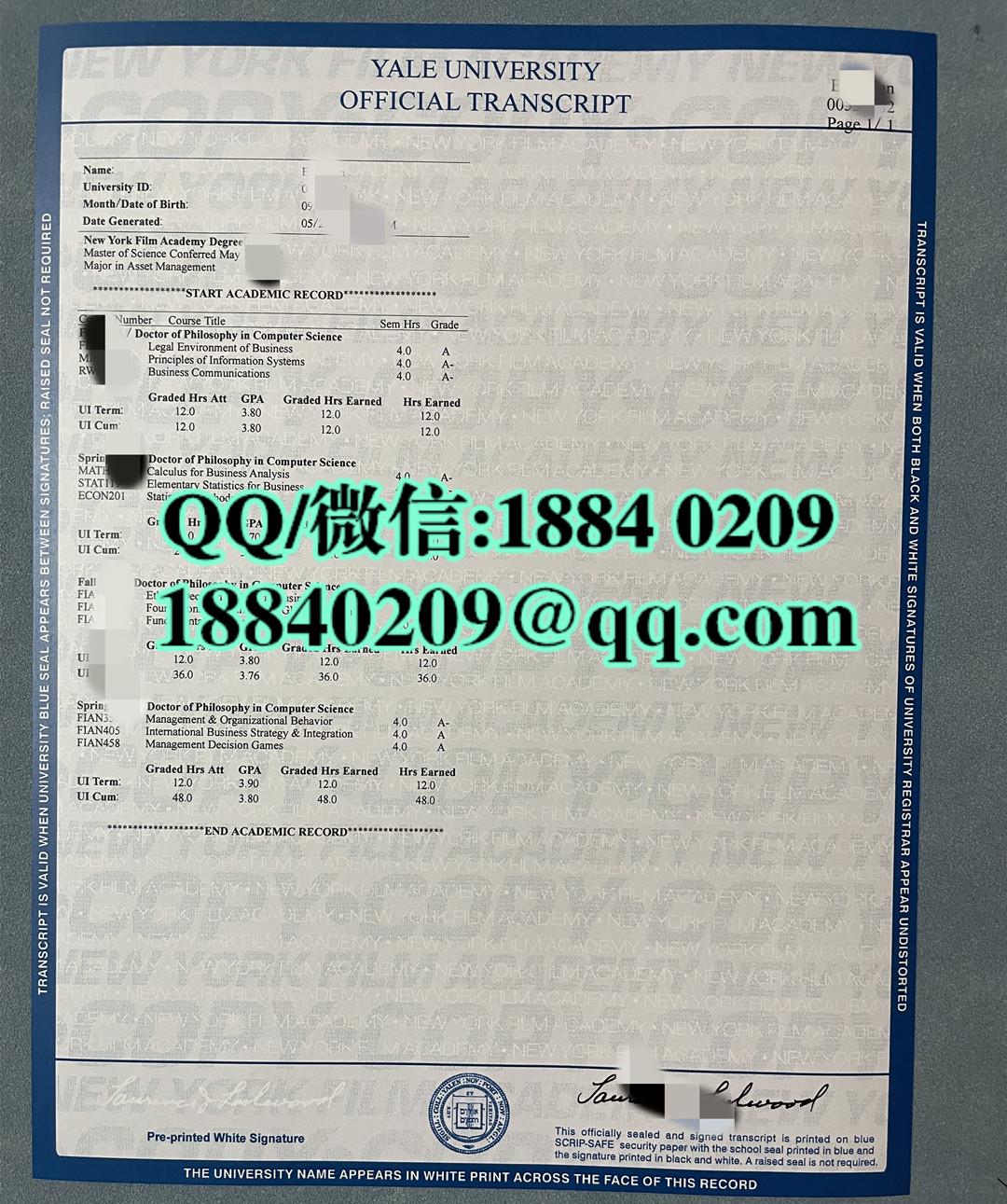 美国耶鲁大学成绩单，yale university transcript