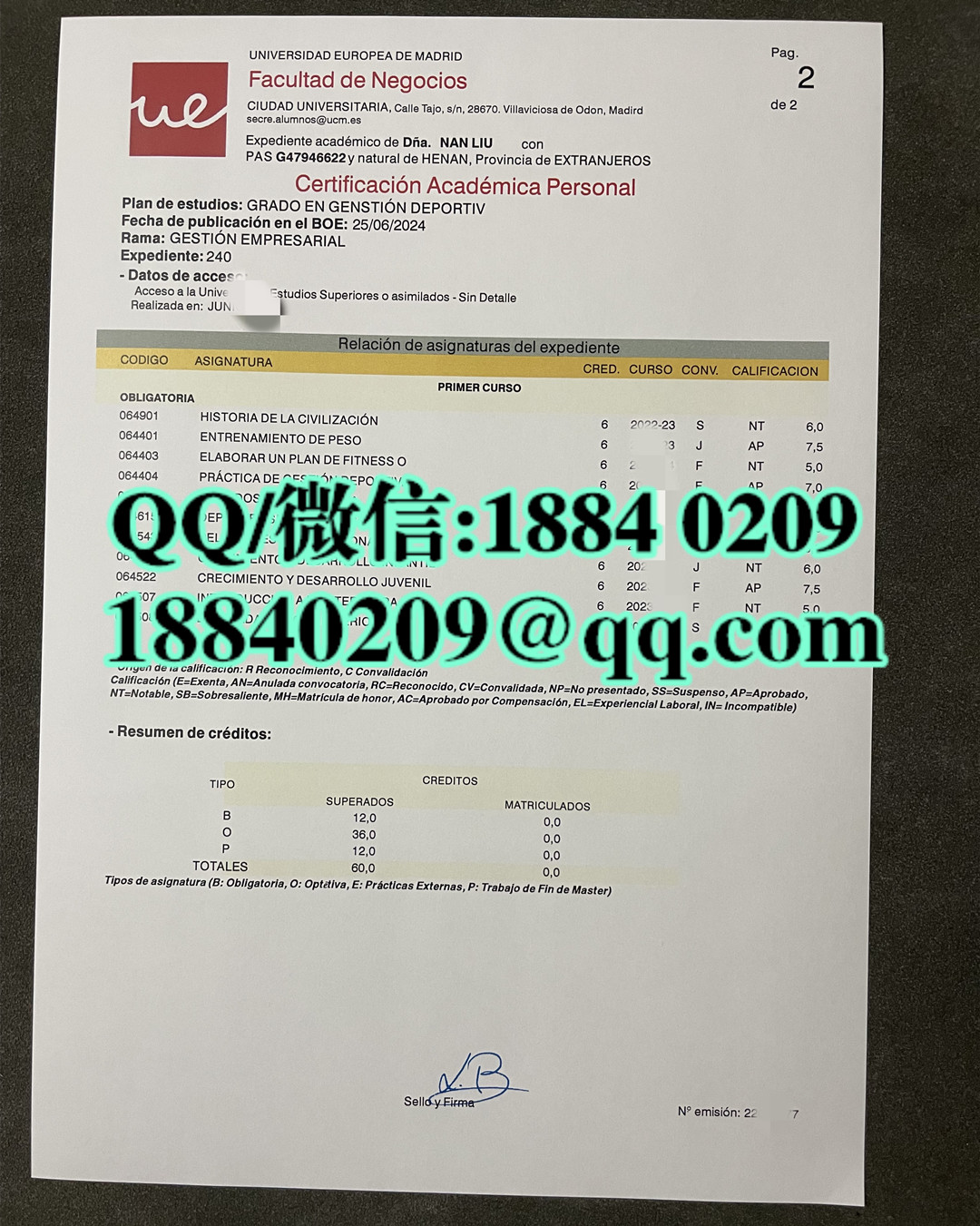 马德里欧洲大学成绩单，Universidad Europea MADRID transcript