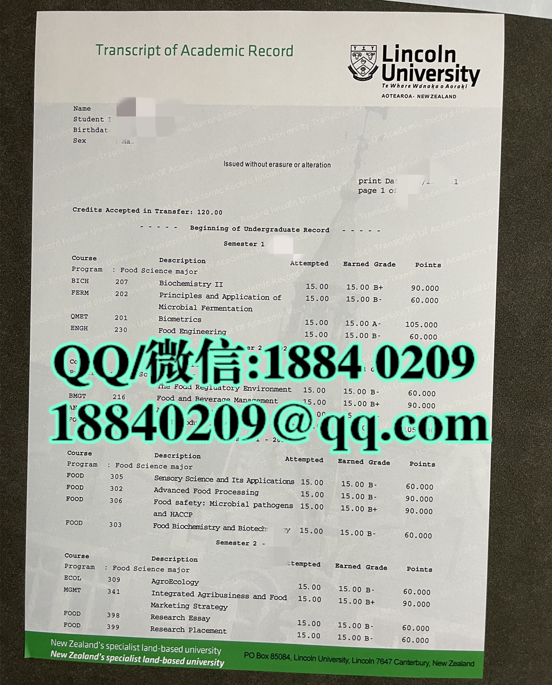 新西兰林肯大学成绩单，Lincoln University transcript