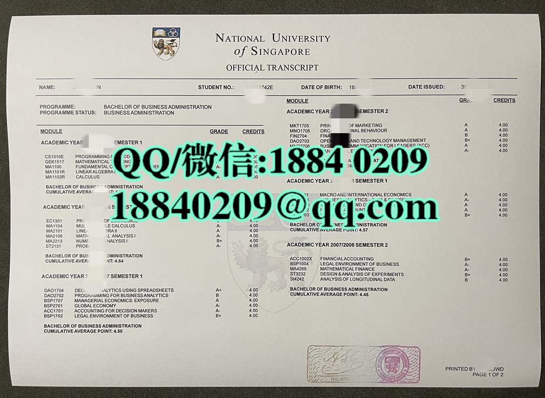 新加坡国立大学成绩单，National University of Singapore transcript