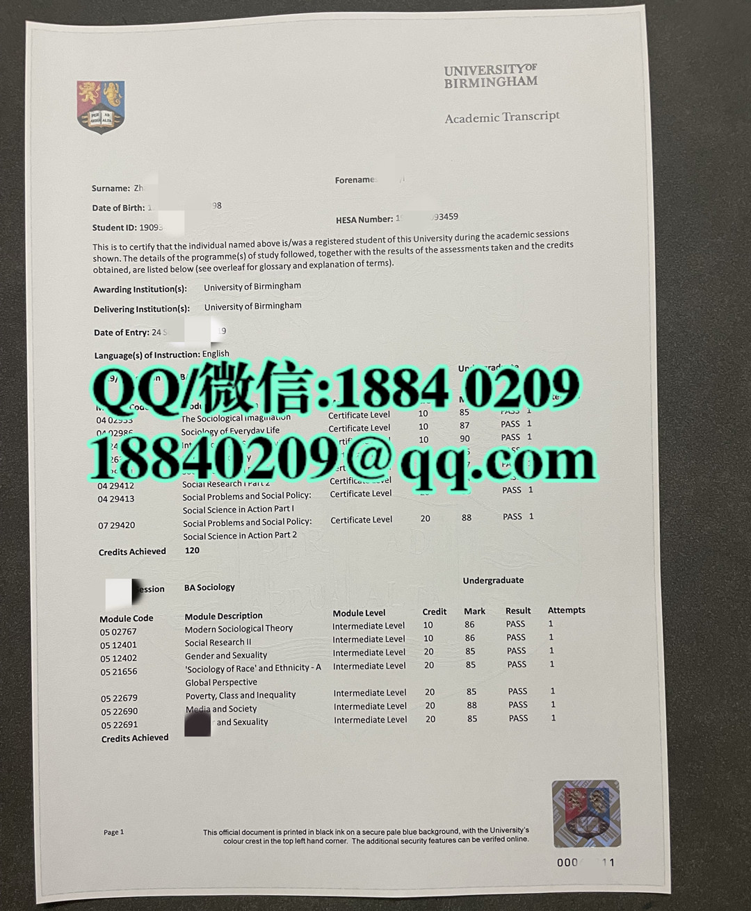 伯明翰大学社会学专业本科成绩单，University of Birmingham Transcript Bachelor of Arts  in Sociolo