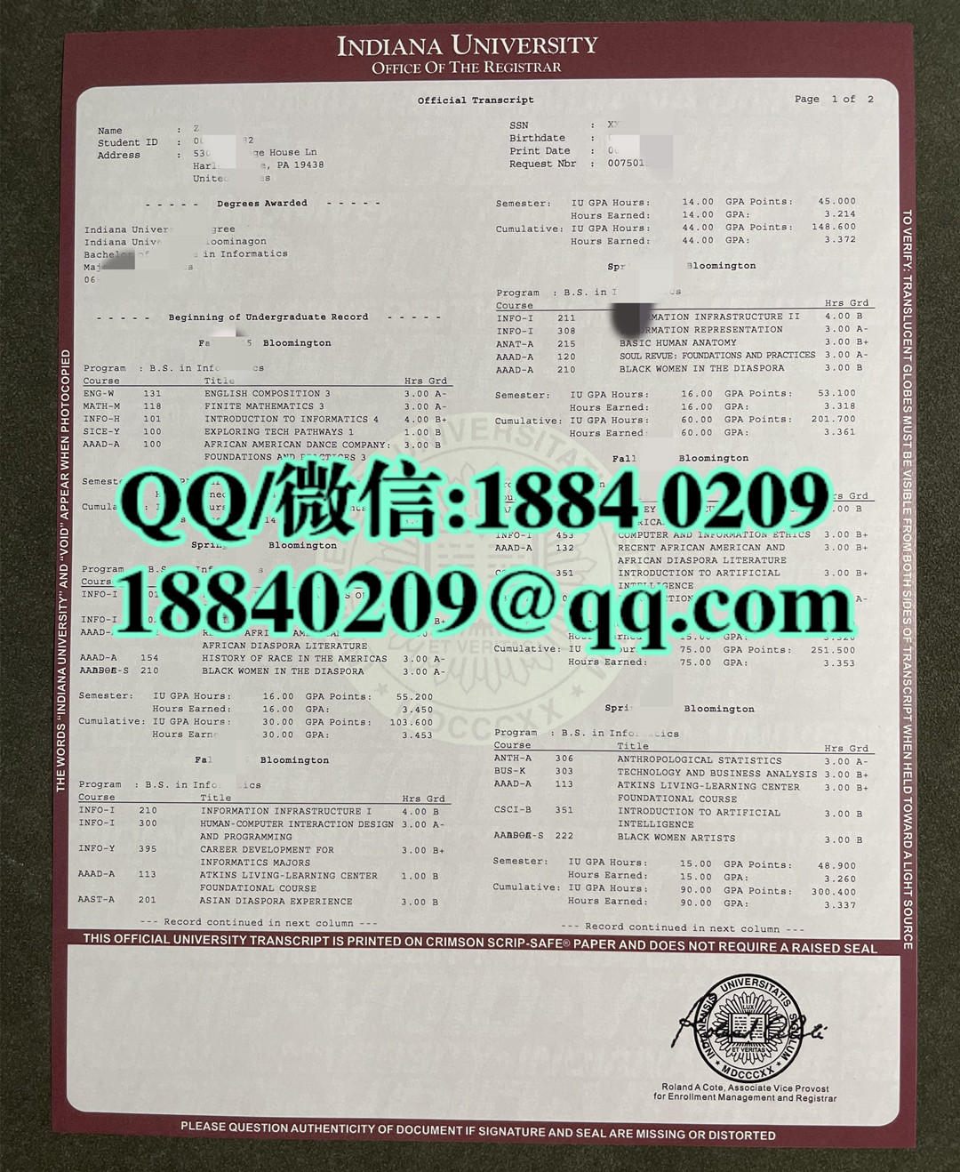 美国印第安纳大学成绩单，Indiana University transcript