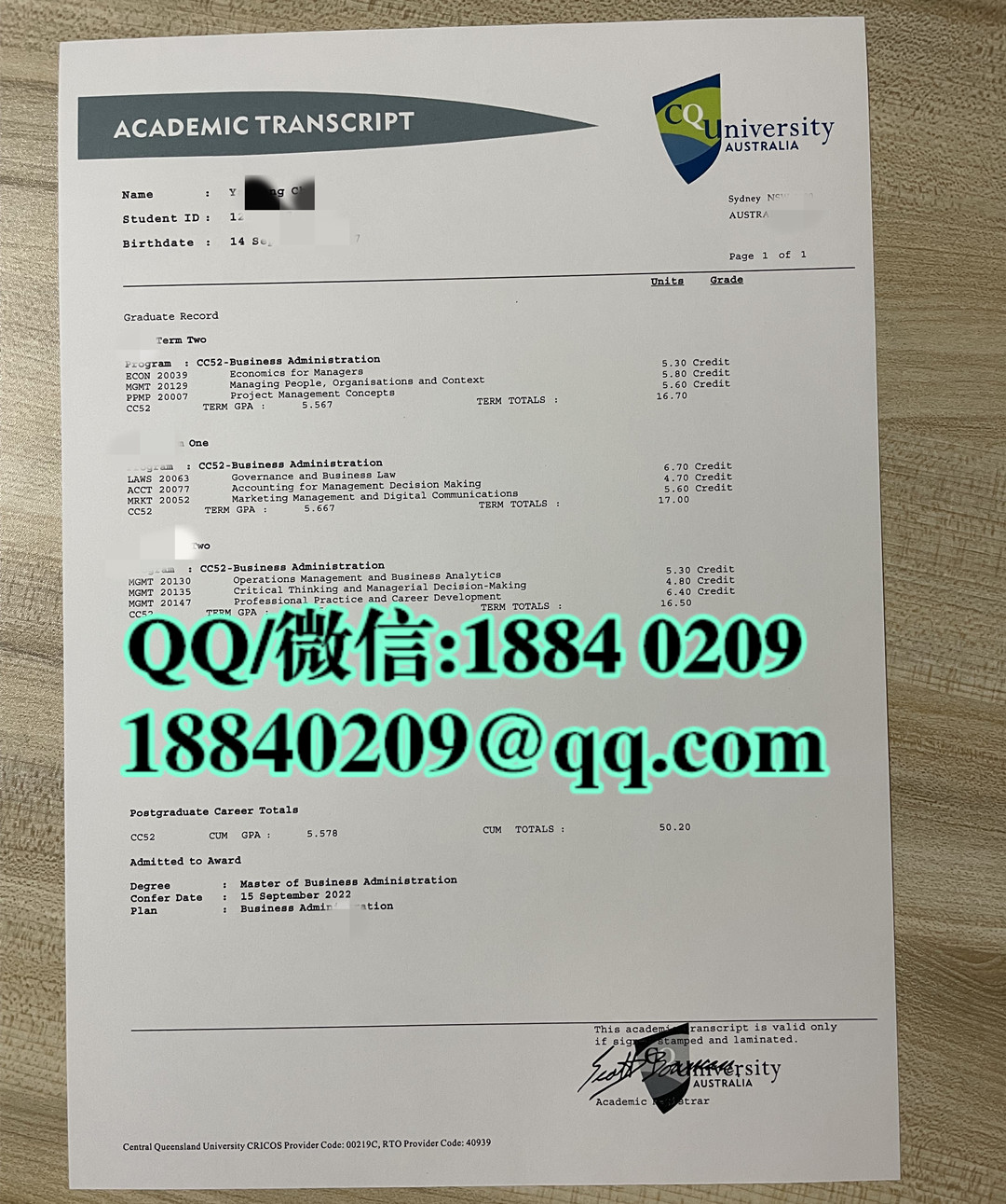 澳洲中央昆士兰大学MBA毕业成绩单，Central Queensland University MBA transcript