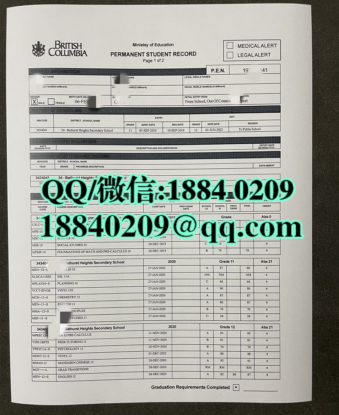 加拿大不列颠哥伦比亚大学成绩单，University of British Columbia transcript