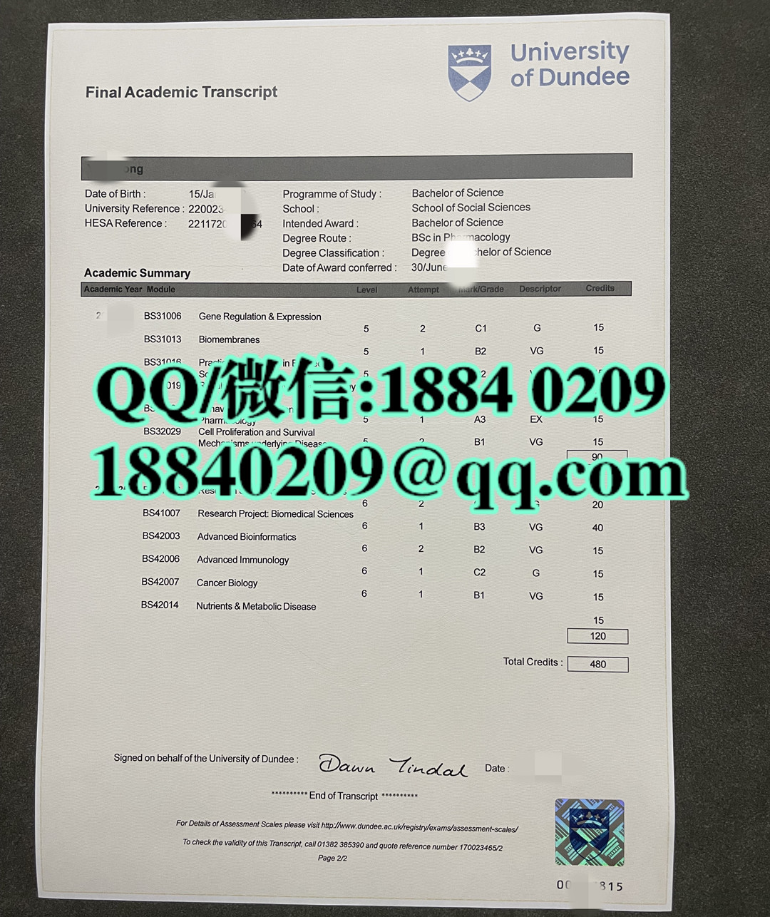 定制英国邓迪大学成绩单，University of Dundee transcript