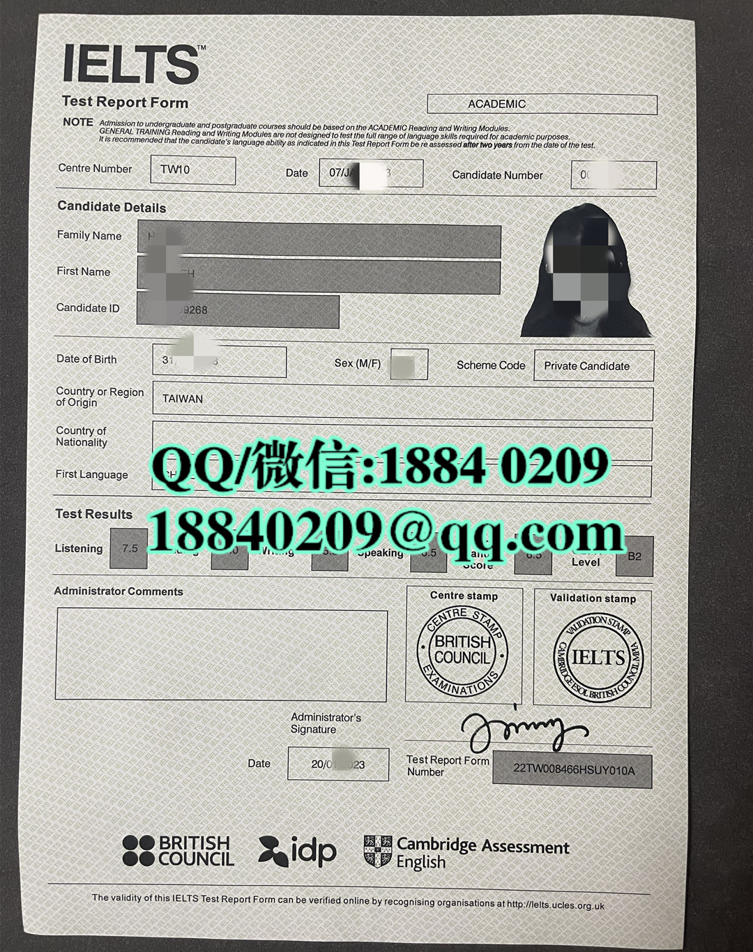 台湾雅思成绩单定制，Taiwan IELTS score report
