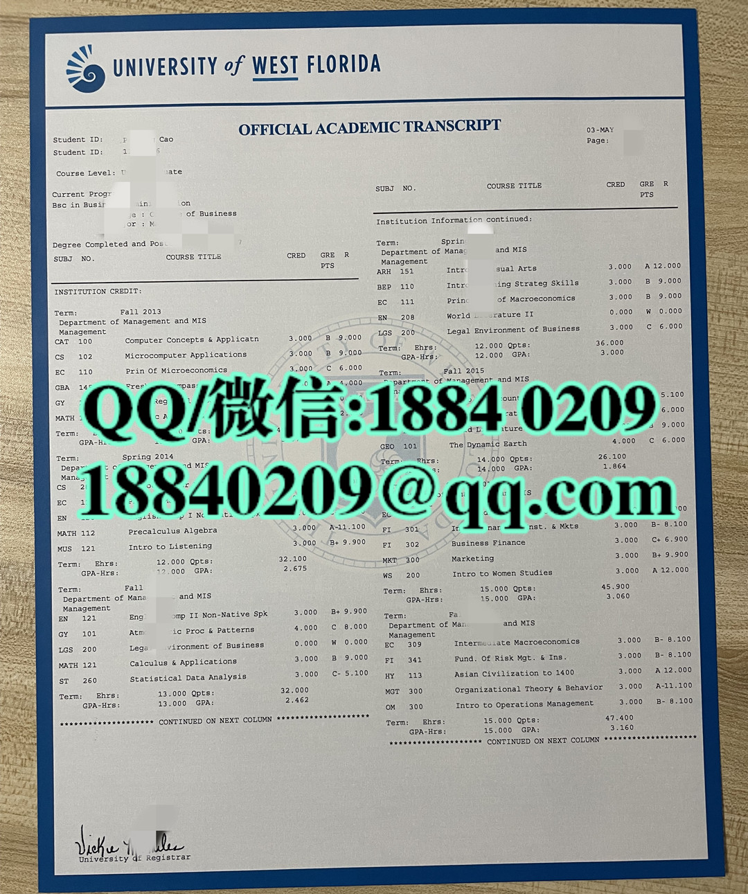 美国西佛罗里达大学成绩单，University of West Florida transcript