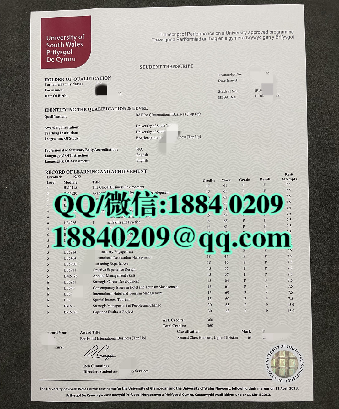 英国南威尔士大学成绩单，university of south wales transcript