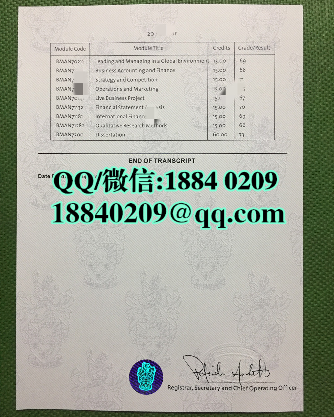 英国曼彻斯特大学MBA硕士成绩单，University of Manchester MBA transcript