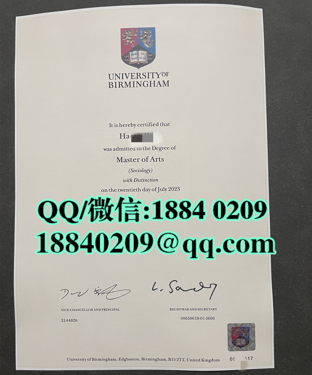 2023年英国伯明翰大学社会学专业文学硕士毕业证，University of Birmingham Master of Arts in Sociology