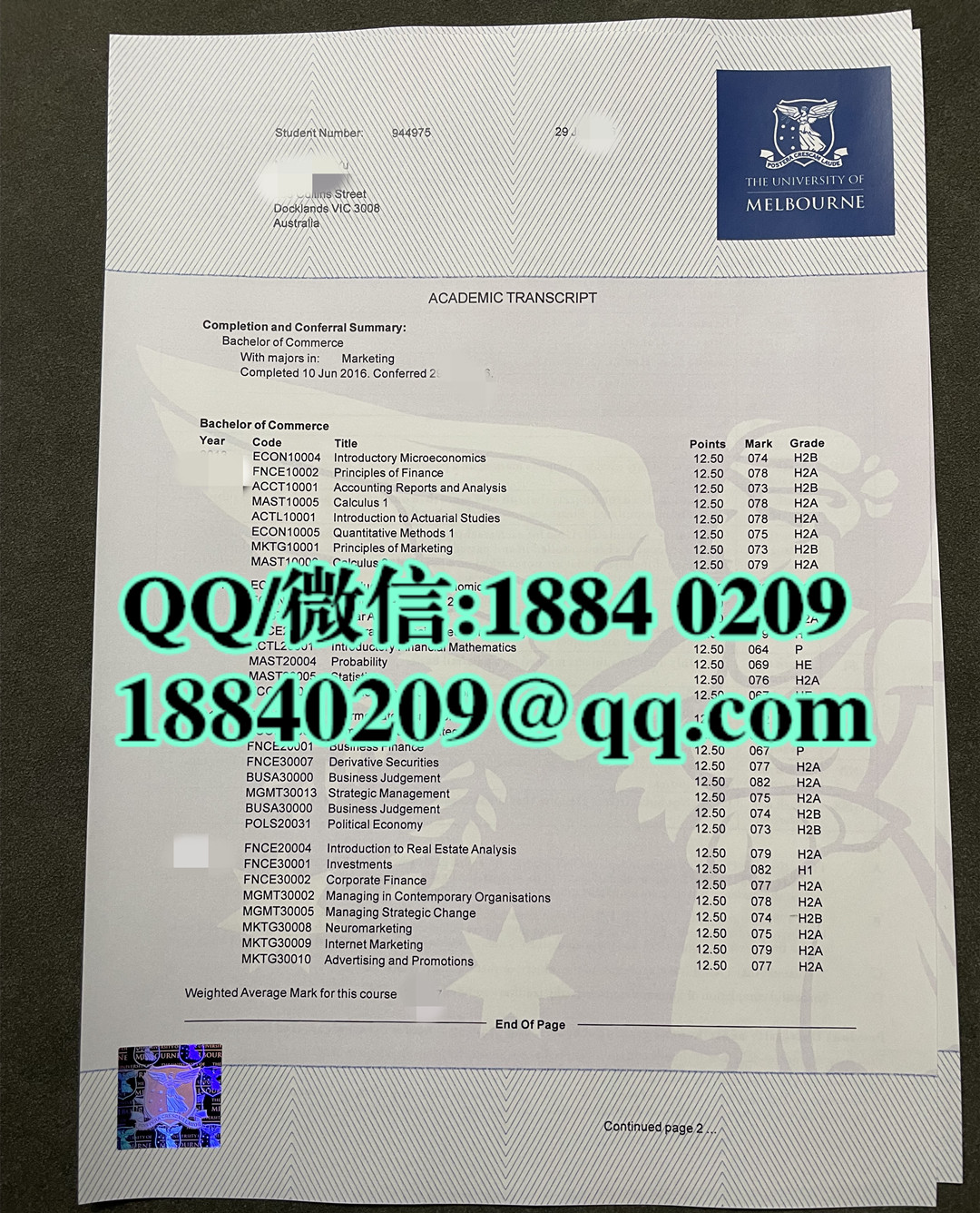 墨尔本大学商学学士成绩单专业市场学，The University of Melbourne transcript