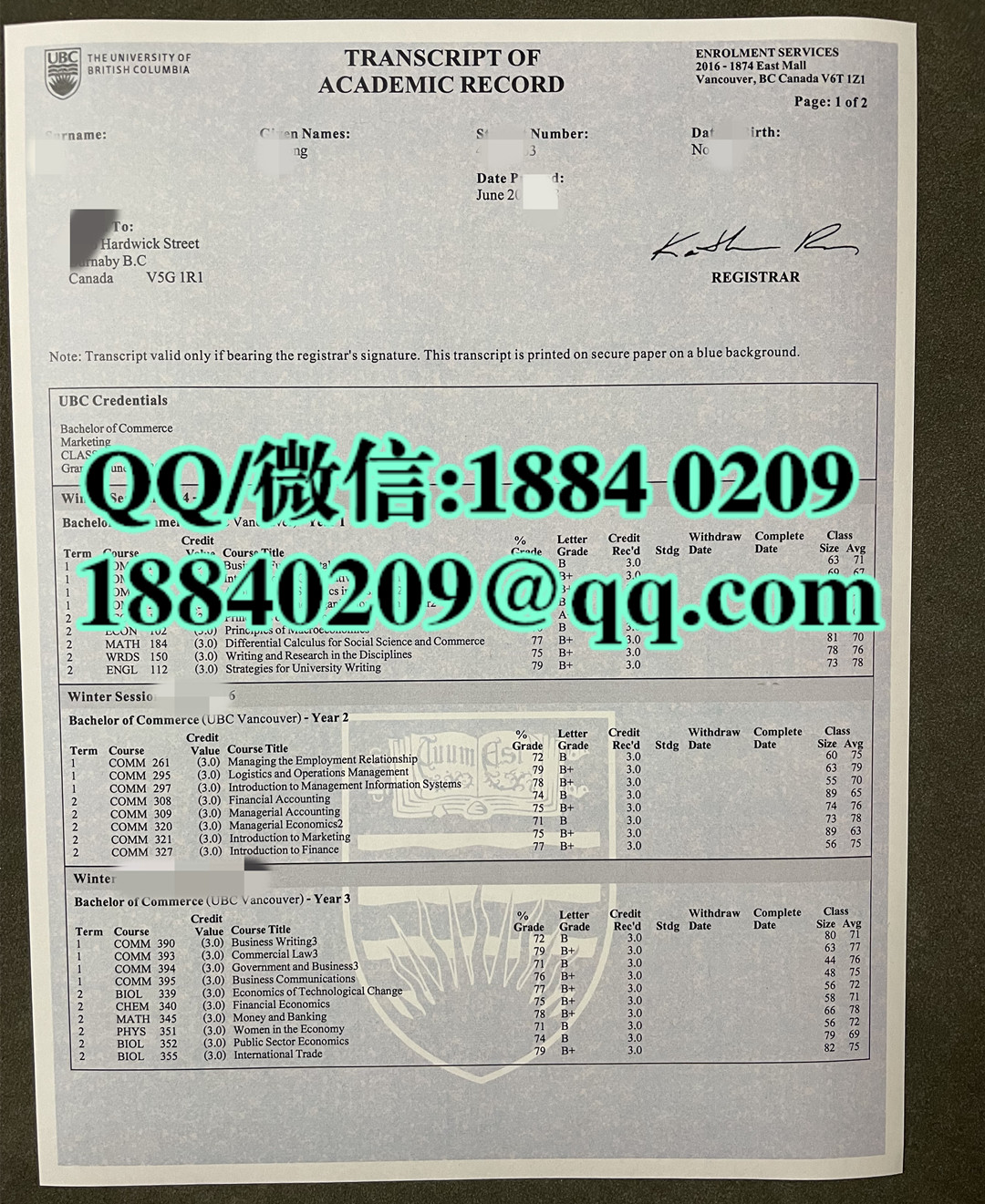 加拿大UBC大学成绩单，University of British Columbia transcript