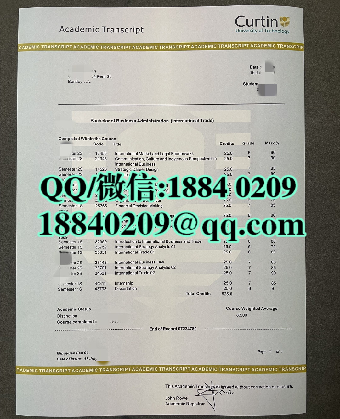 定制澳洲科廷大学成绩单，Curtin University transcript