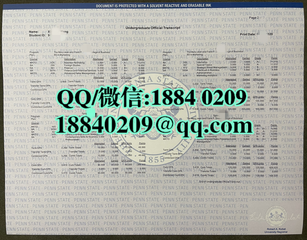 美国宾夕法尼亚州立大学成绩单，The Pennsylvania State University transcript