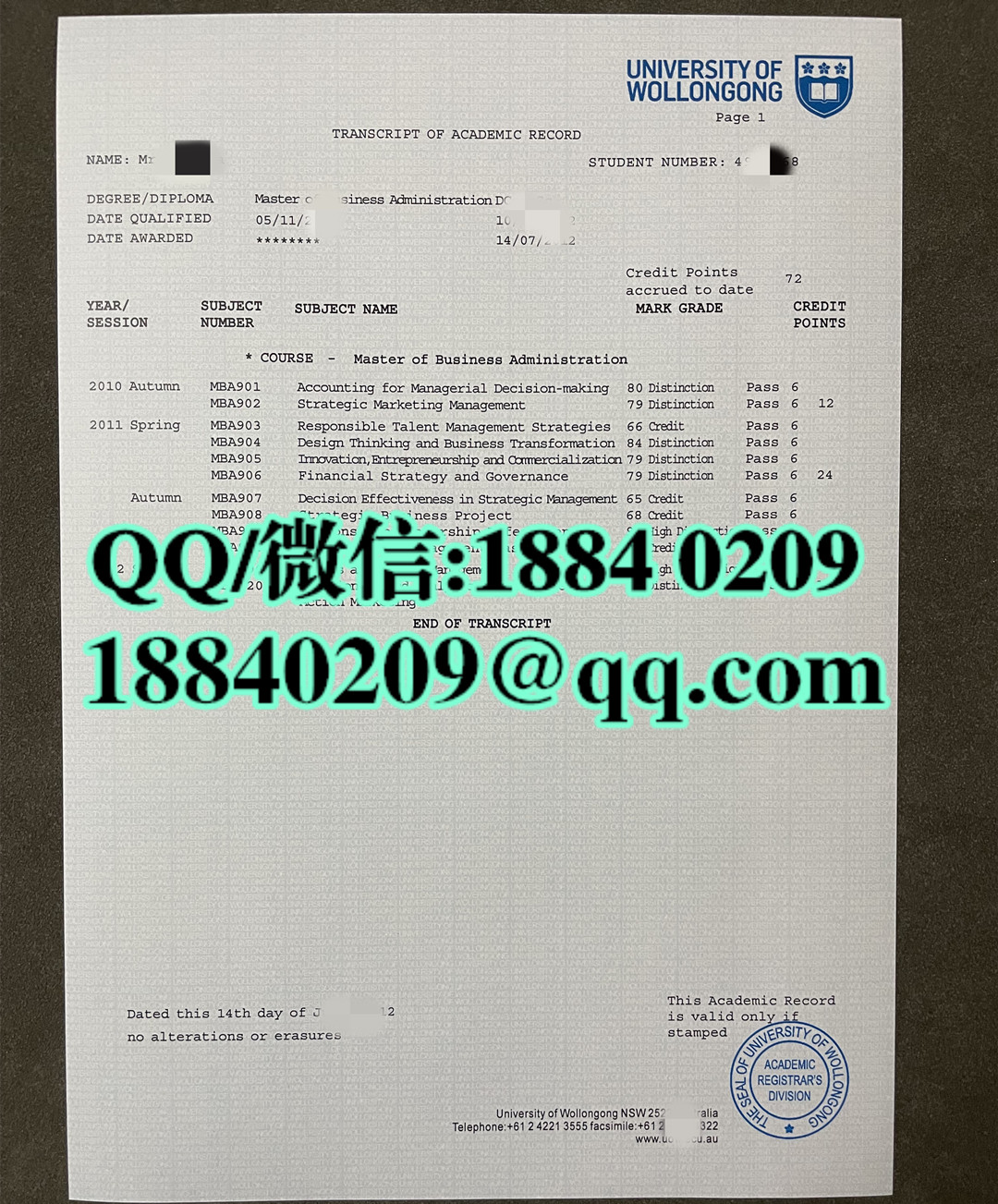 澳洲卧龙岗大学成绩单，University of Wollongong transcript