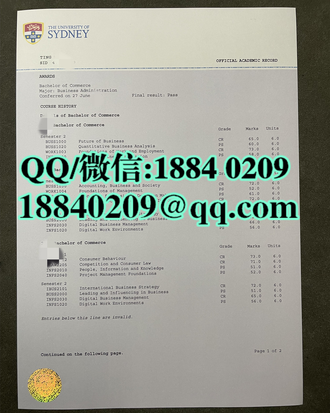 定制悉尼大学成绩单，The University of Sydney transcript