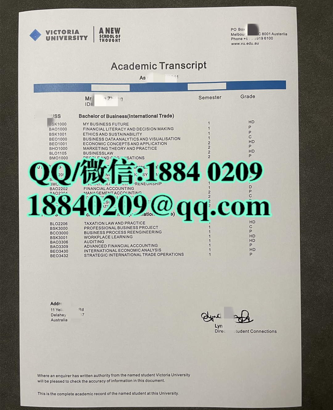 定制澳洲维多利亚大学victoria university成绩单，victoria university transcript