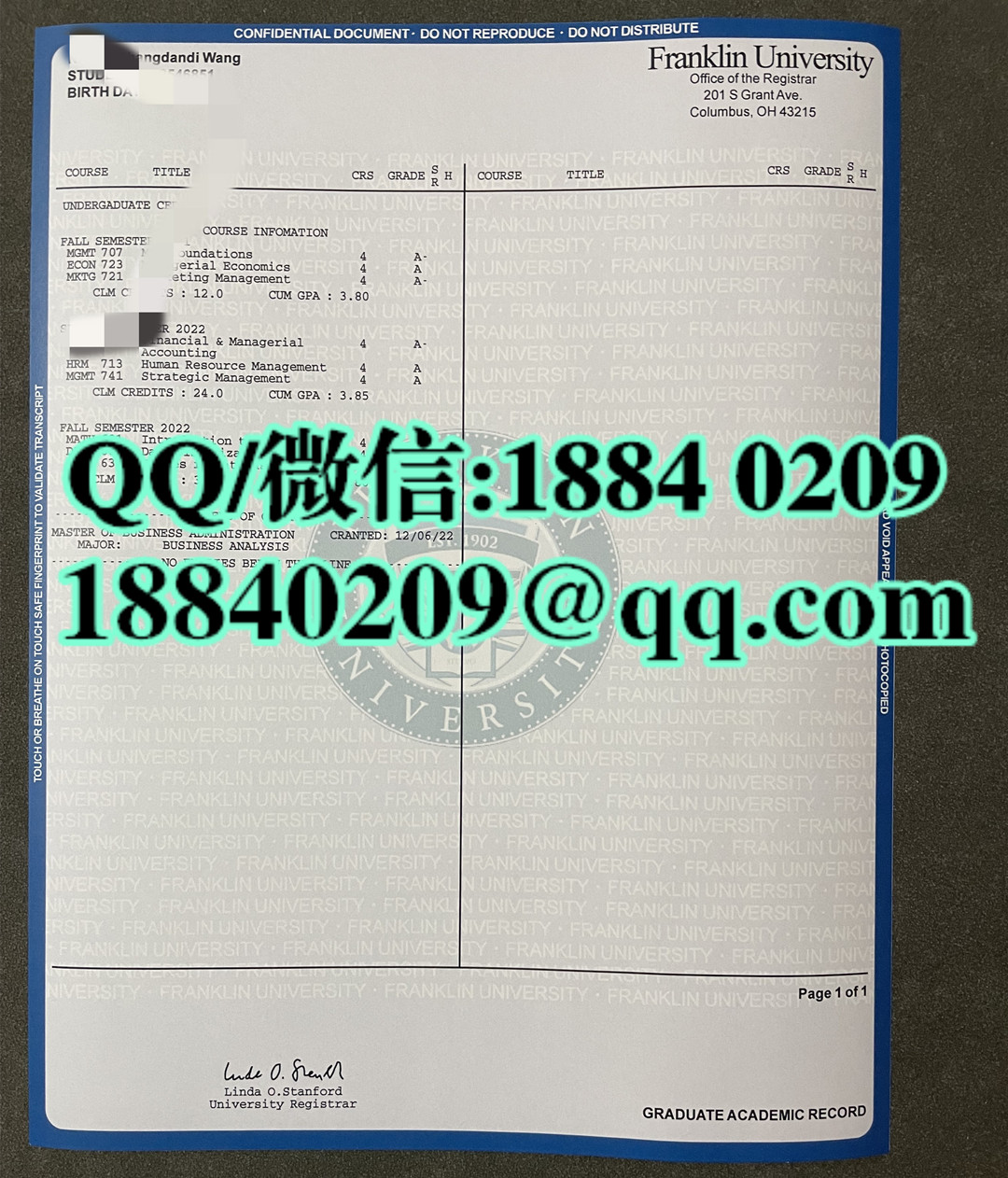 美国富兰克林大学成绩单，Franklin University transcript