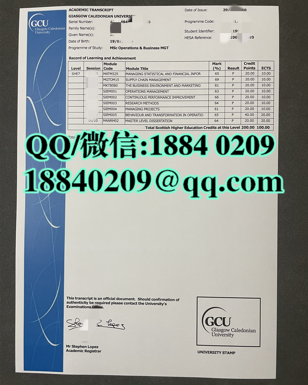 英国拉斯哥卡利多尼亚大学成绩单，Glasgow Caledonian University transcript