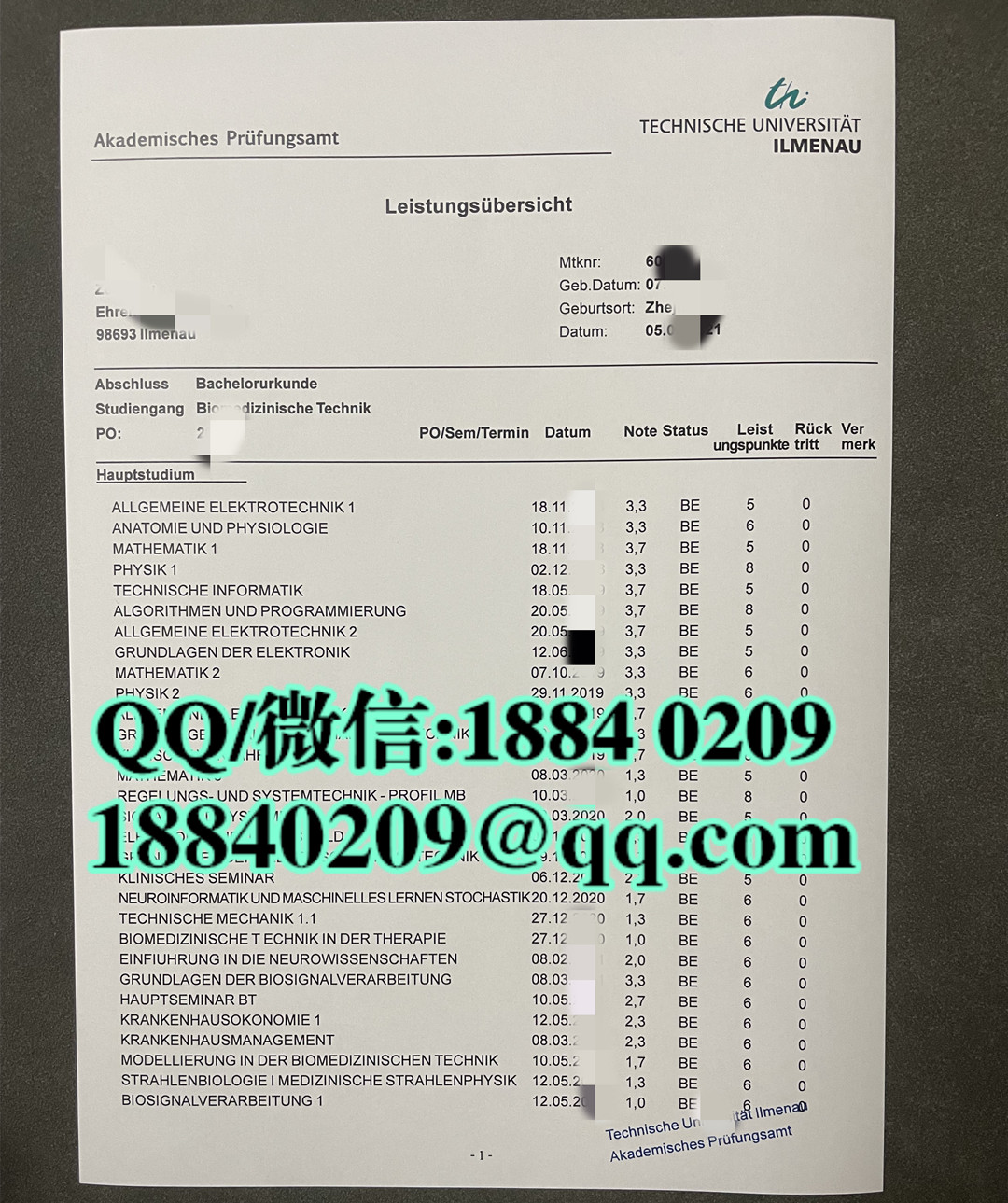 德国伊尔默瑙工业大学成绩单，Ilmenau University of Technology transcript