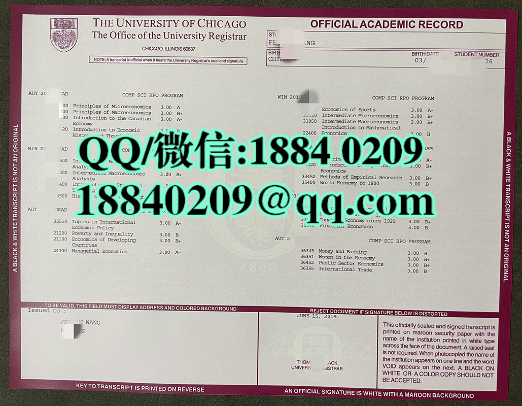 美国芝加哥大学成绩单，University of Chicago transcript
