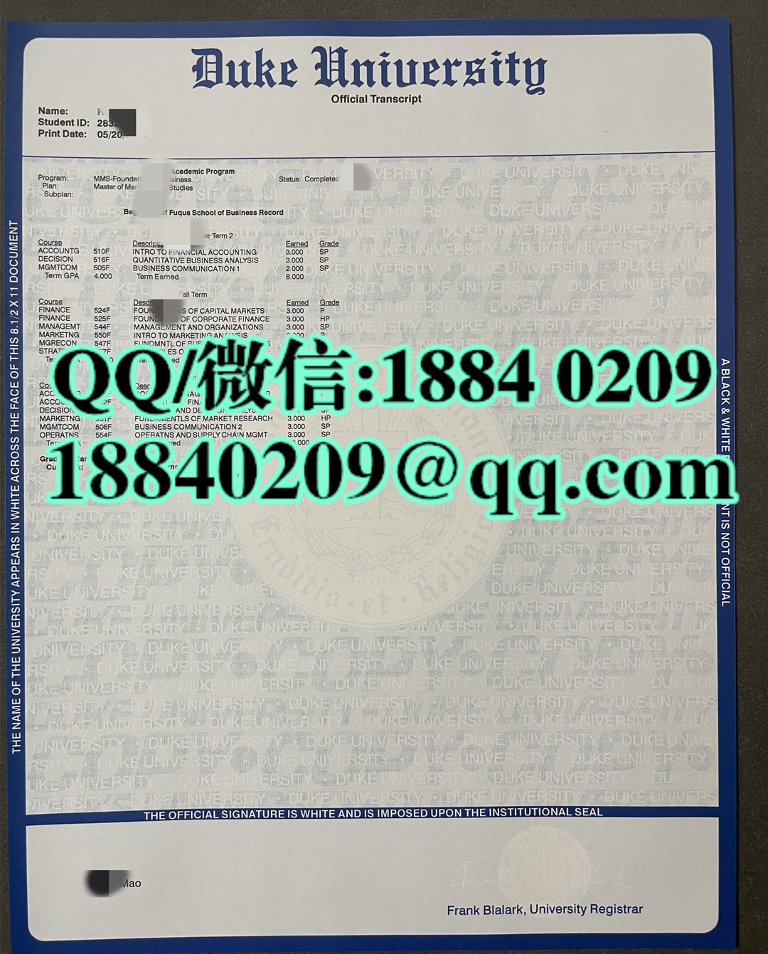 定制美国杜克大学duke university成绩单，duke university transcript