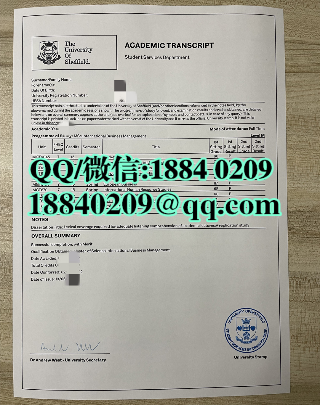 英国谢菲尔德大学University of Sheffield成绩单，University of Sheffield transcript