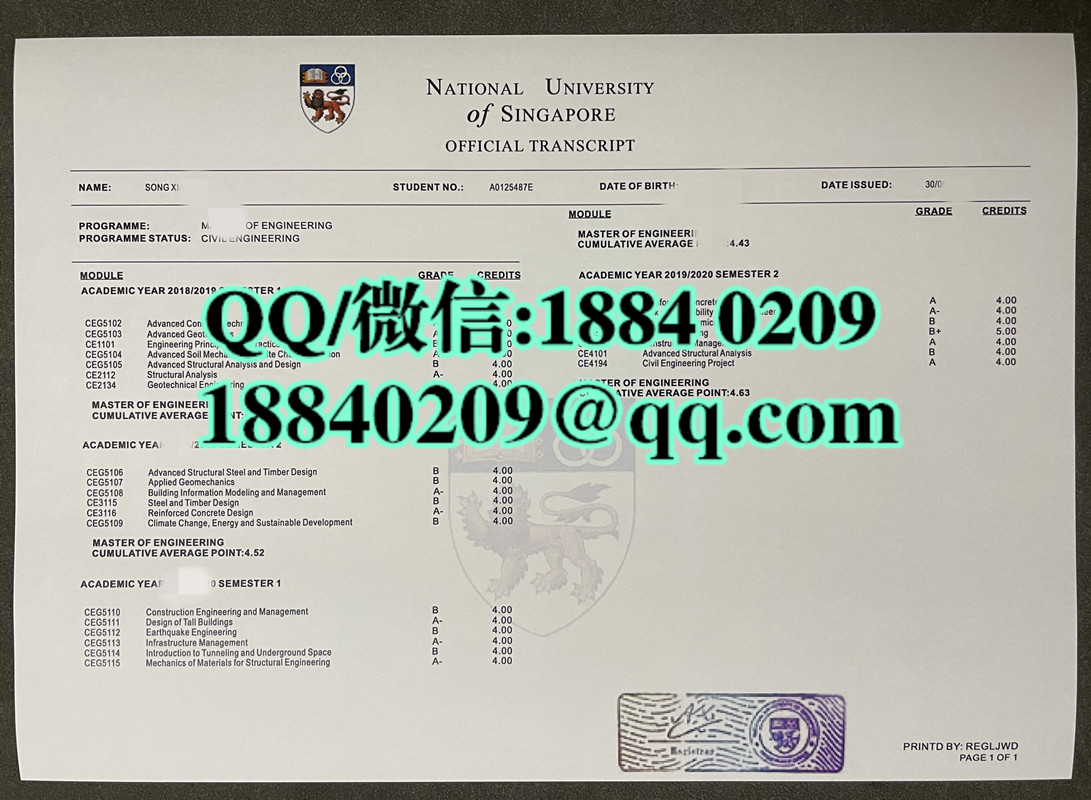 新加坡国立大学毕业证成绩单，National University of Singapore transcript