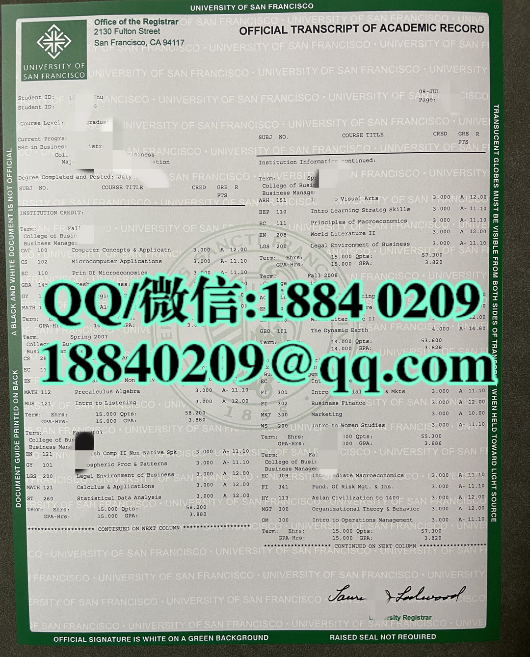 美国旧金山大学成绩单，university of san francisco transcript