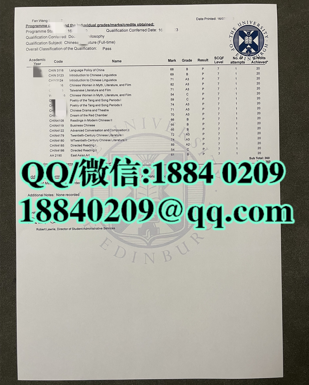 英国爱丁堡大学成绩单，英国大学成绩单样本，University of Edinburgh transcript