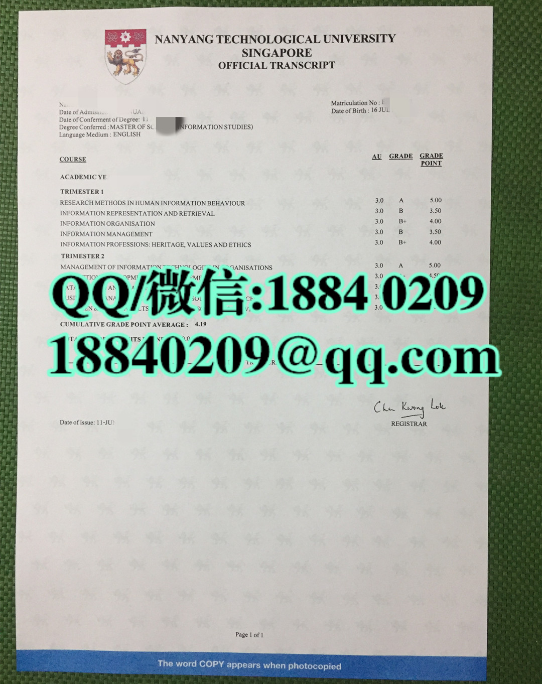 新加坡南阳理工大学成绩单，Nanyang Technological University transcript