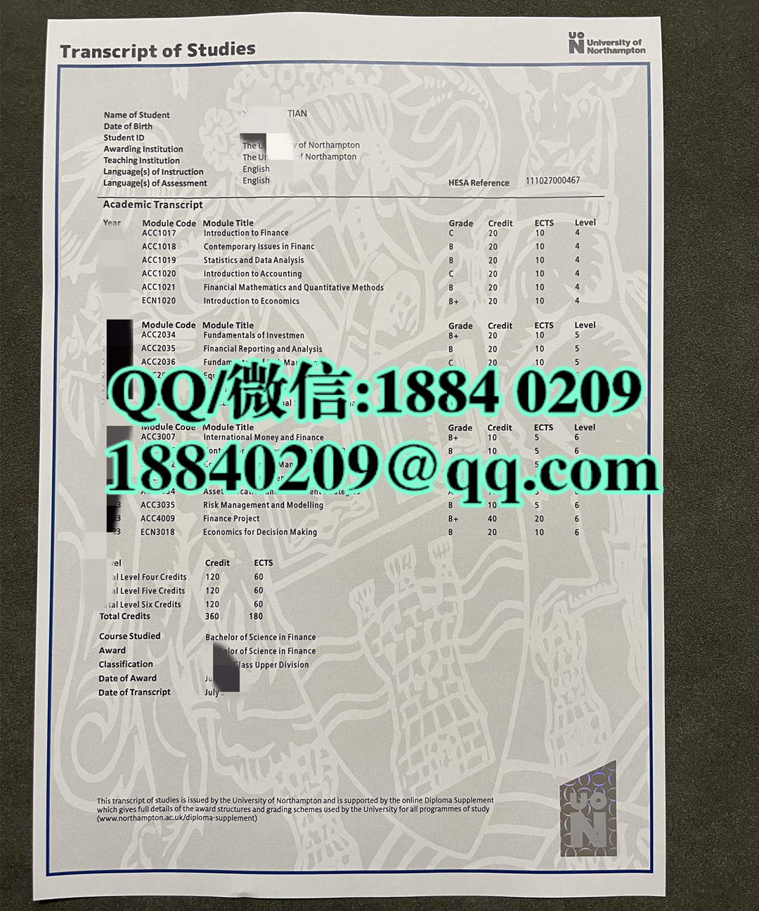 英国北安普顿大学成绩单，The University of Northampton transcript