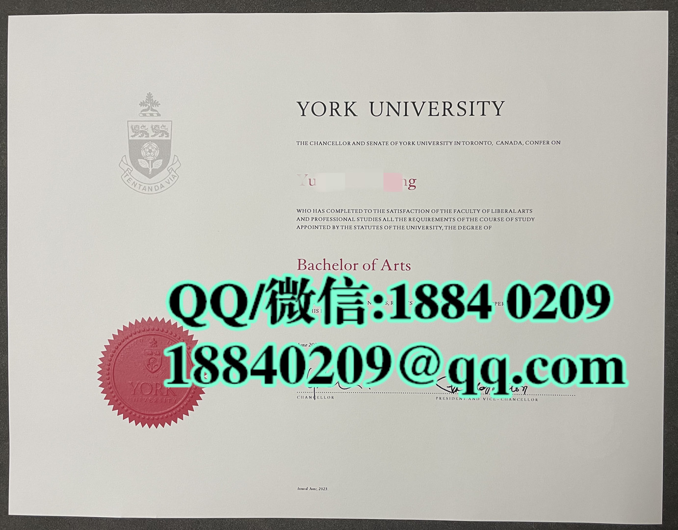 加拿大约克大学毕业证防伪正反面实拍，York University diploma degree