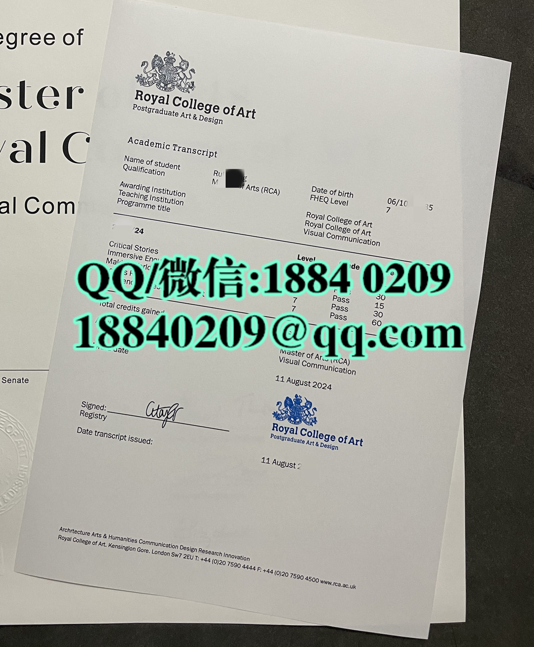 英国皇家艺术学院成绩单，Royal College of Art transcript