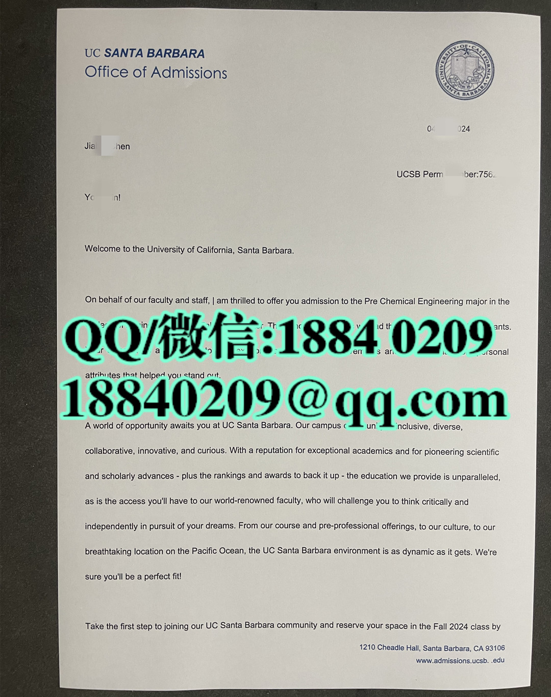 加利福尼亚大学圣巴巴拉分校University of California, Santa Barbara录取通知书